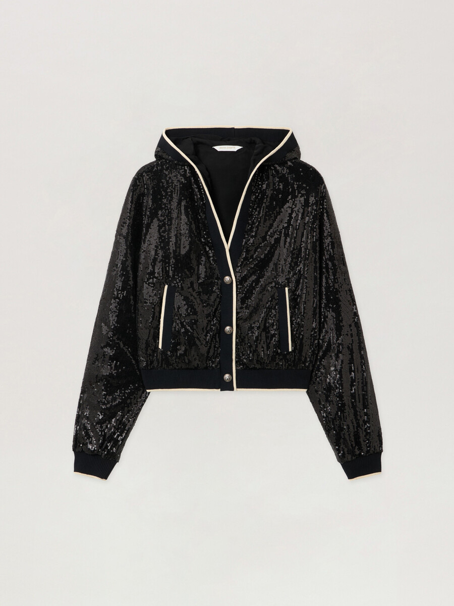 kurze jacke mit geschwungenem logo und pailletten