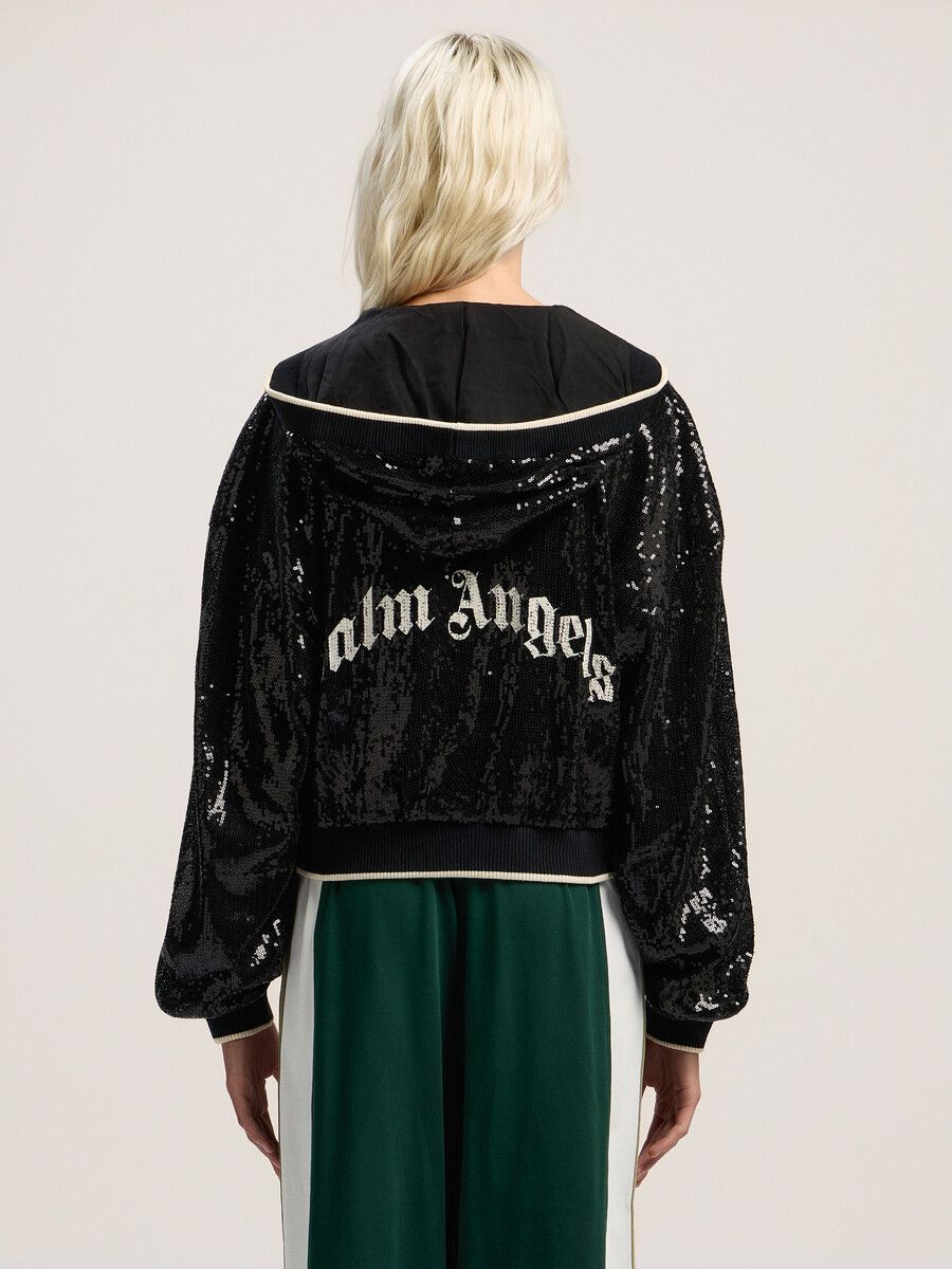 kurze jacke mit geschwungenem logo und pailletten