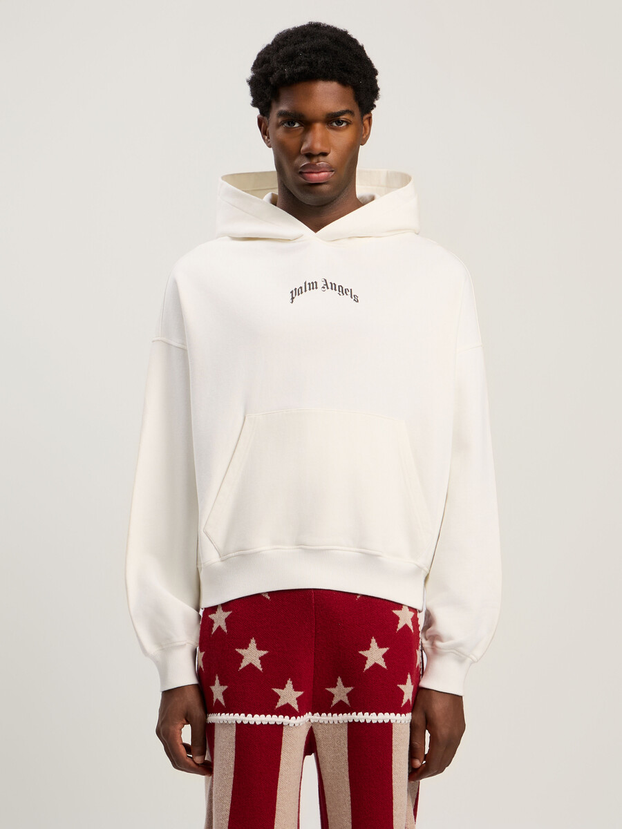 locker geschnittener hoodie mit geschwungenem logo auf der rückseite