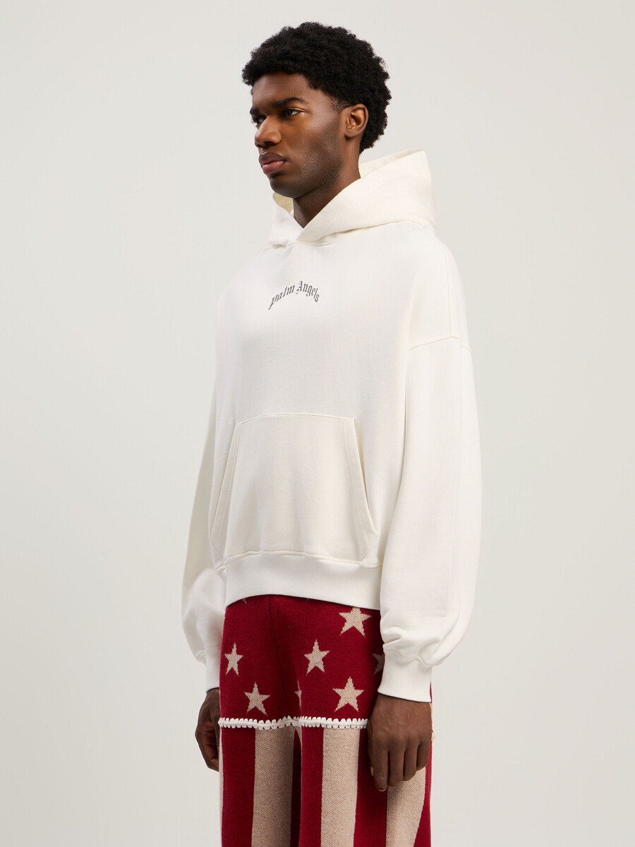 locker geschnittener hoodie mit geschwungenem logo auf der rückseite