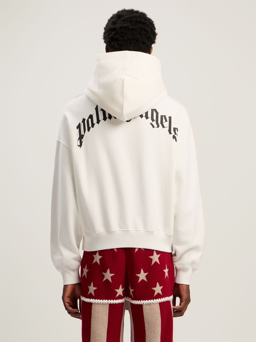 locker geschnittener hoodie mit geschwungenem logo auf der rückseite